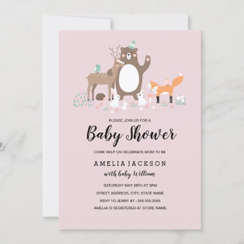 Sweet Woodland Pink Mint Baby Shower Invite