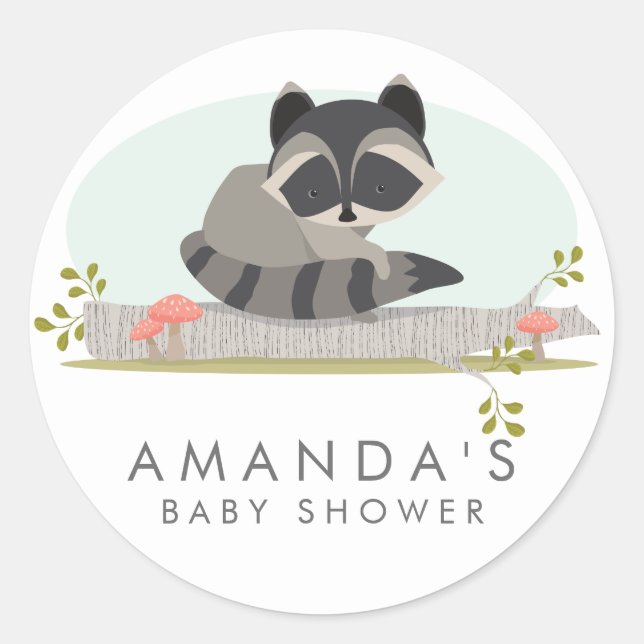 Sweet Woodland Raccoon Baby Shower Favor Seal (Front)
