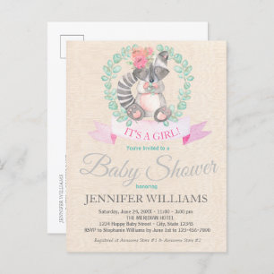 Sweet Woodland Raccoon Floral Boho Baby Shower Invitation Postcard
