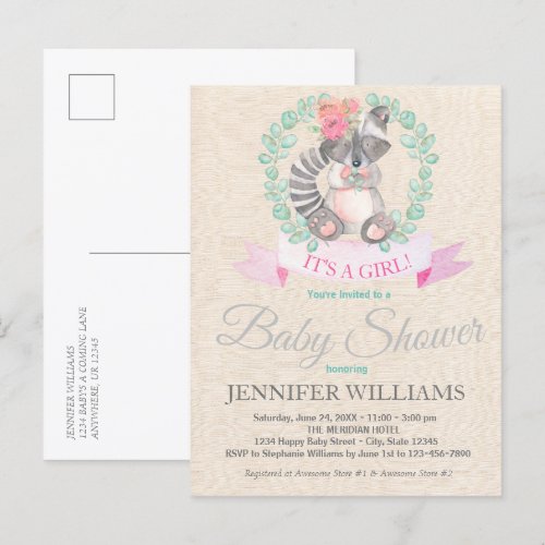 Sweet Woodland Raccoon Floral Boho Baby Shower  Invitation Postcard
