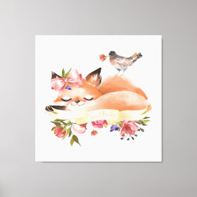Sweet Woodlands Baby Fox Floral Canvas Print (Front)