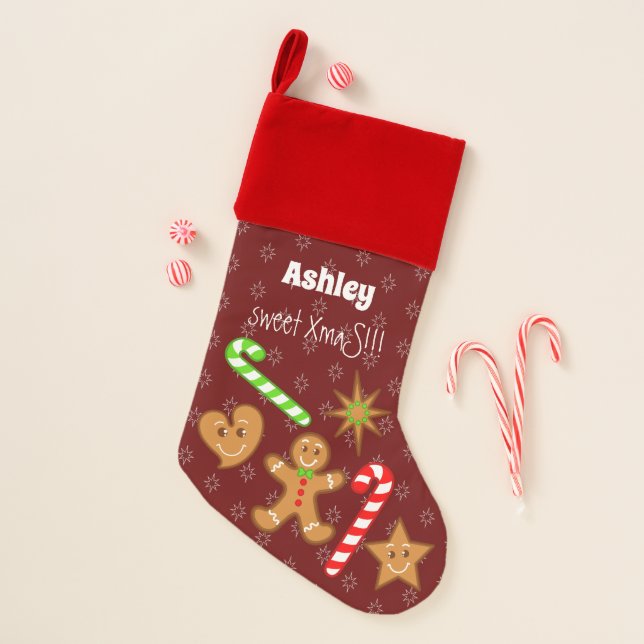 sweet XmaS Gingerbread Pals-Candy Cane Custom Text Christmas Stocking (Front)