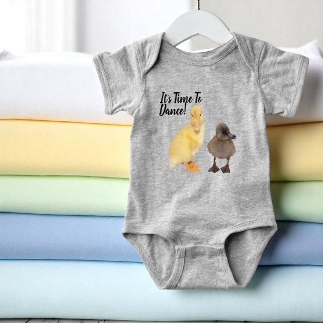 Sweet Yellow and Gray Ducklings Photo Personalized Baby Bodysuit (front baby body suit with template text)