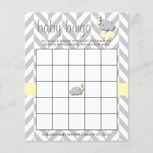 Sweet Yellow and Gray Elephant Baby Shower Bingo (Front)