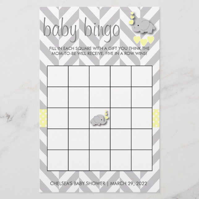 Sweet Yellow and Gray Elephant Baby Shower Bingo Flyer (Front)