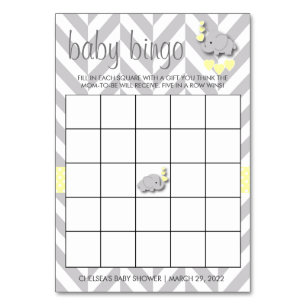 Sweet Yellow and Gray Elephant Baby Shower Bingo Table Number