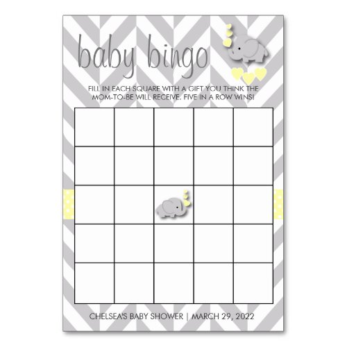 Sweet Yellow and Gray Elephant Baby Shower Bingo Table Number