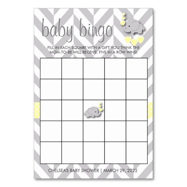 Sweet Yellow and Gray Elephant Baby Shower Bingo Table Number (Front)
