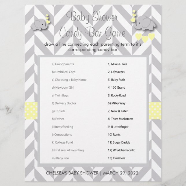 Sweet Yellow and Gray Elephant Baby Shower Game Flyer (Front)