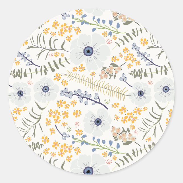Sweet Yellow Blue Botanical Flowers Classic Round Sticker (Front)