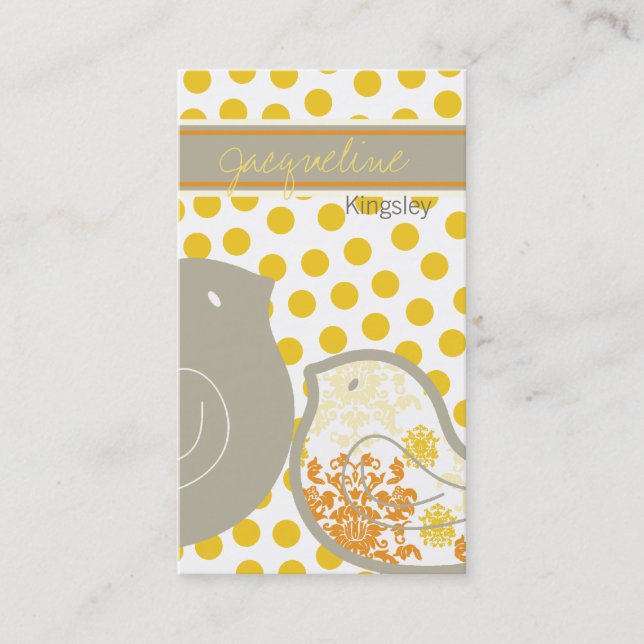 Sweet Yellow Damask Chicks Polka Dots Whimsical Business Card (Front)