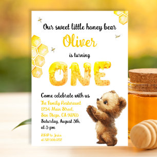 Sweet Yellow First Birthday Honey Bear Invitation