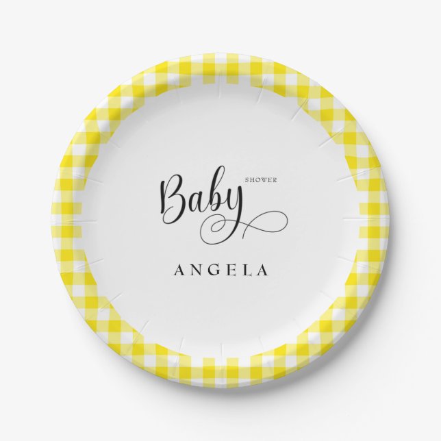 Sweet Yellow Gingham Baby Shower Paper Plates (Front)