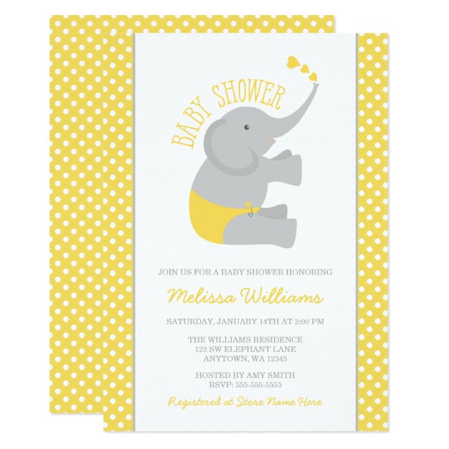 Sweet Yellow Gray Elephant Baby Shower Invitations