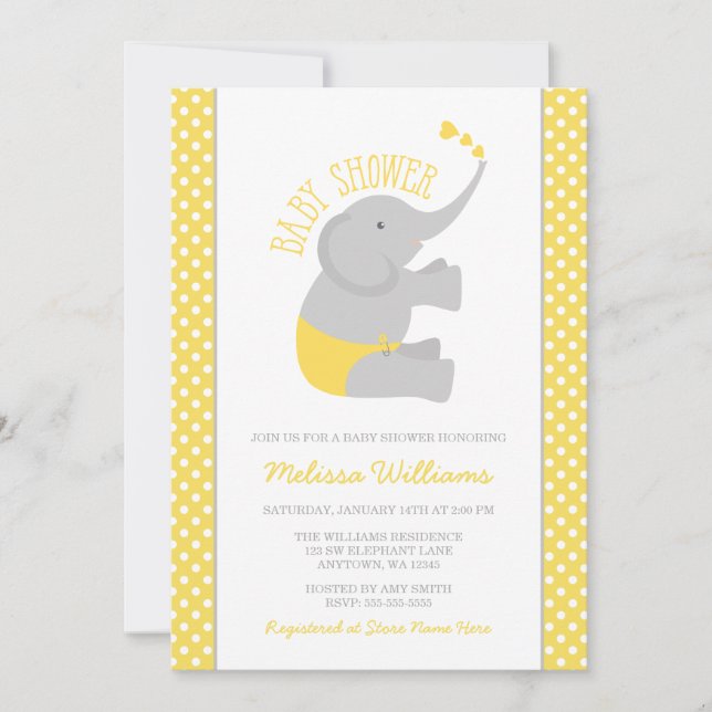 Sweet Yellow Gray Elephant Baby Shower Invitations (Front)