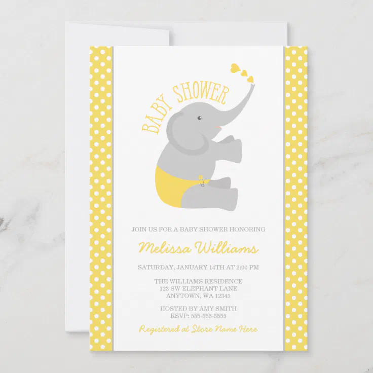 Sweet Yellow Gray Elephant Baby Shower Invitations Zazzle