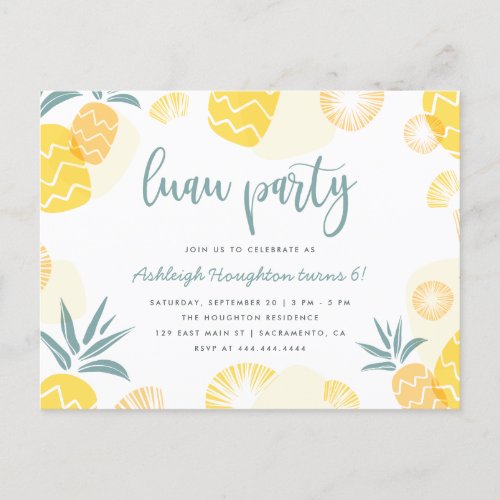 Sweet Yellow Pineapple Luau Birthday Party Invitation Postcard