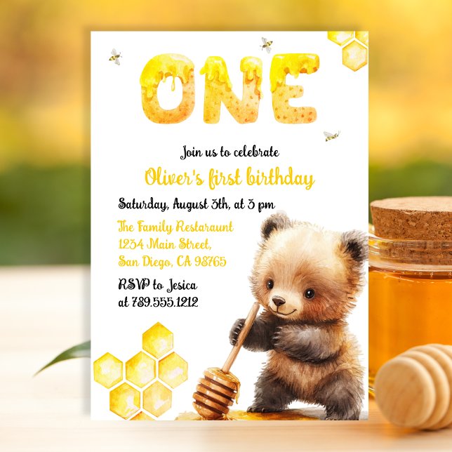 Sweet Yellow Watercolor Bear Honey First Birthday Invitation (Creator Uploaded)