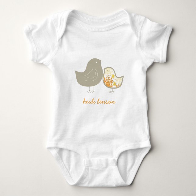 Sweet Yellow Whimsical Cute Damask Chicks T-shirt Baby Bodysuit (Front)