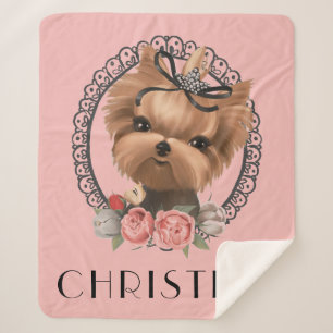 Sweet Yorkie Puppy Pink Floral Girly Sherpa Blanket