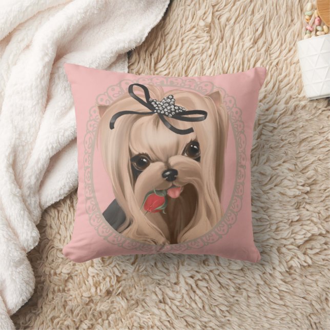 Sweet Yorkie Puppy Red Rose Floral Throw Pillow (Blanket)