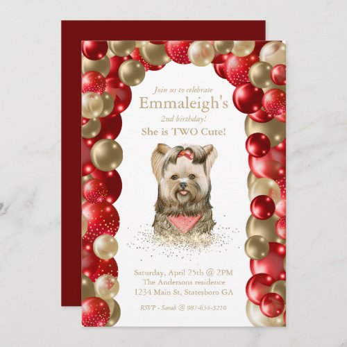 Sweet Yorkie Two Cute Red Gold Balloon Birthday Invitation