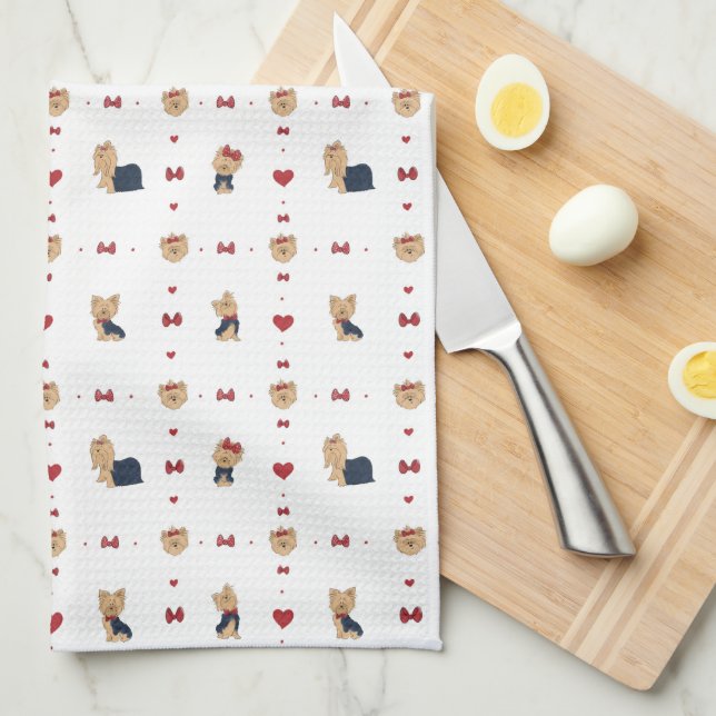 Sweet Yorkies Bows Hearts White Kitchen Towel (Quarter Fold)