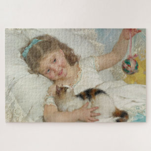 Sweet Young Girl Playing With Her Pet Cat (Munier) Jigsaw Puzzle