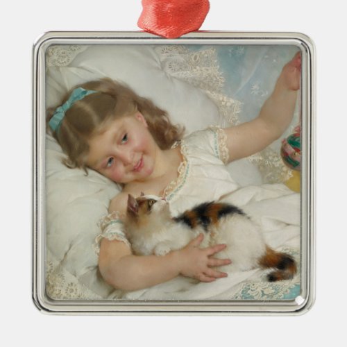 Sweet Young Girl Playing With Her Pet Cat Munier Metal Ornament