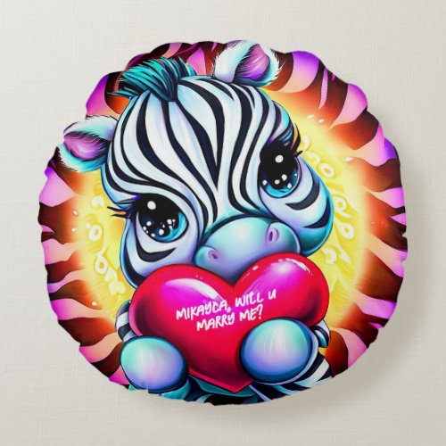  Sweet Zebra and Red Heart Proposal Round Pillow