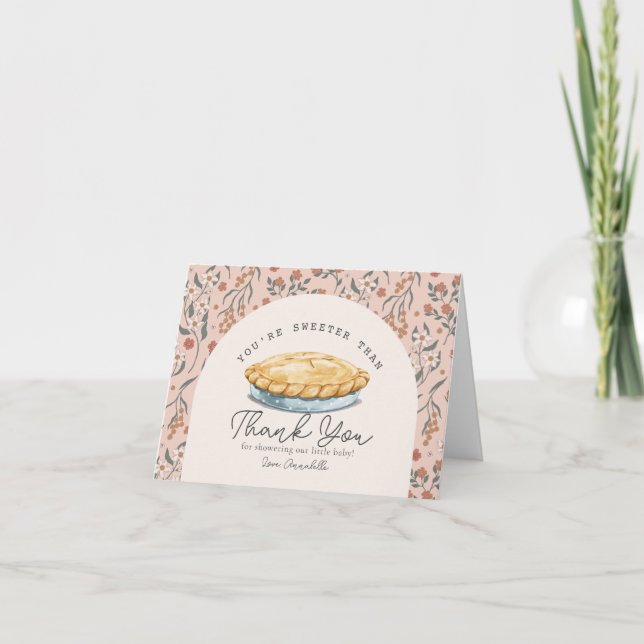 Sweeter than Pie Pink Floral Baby Shower Thank You Card (Front)
