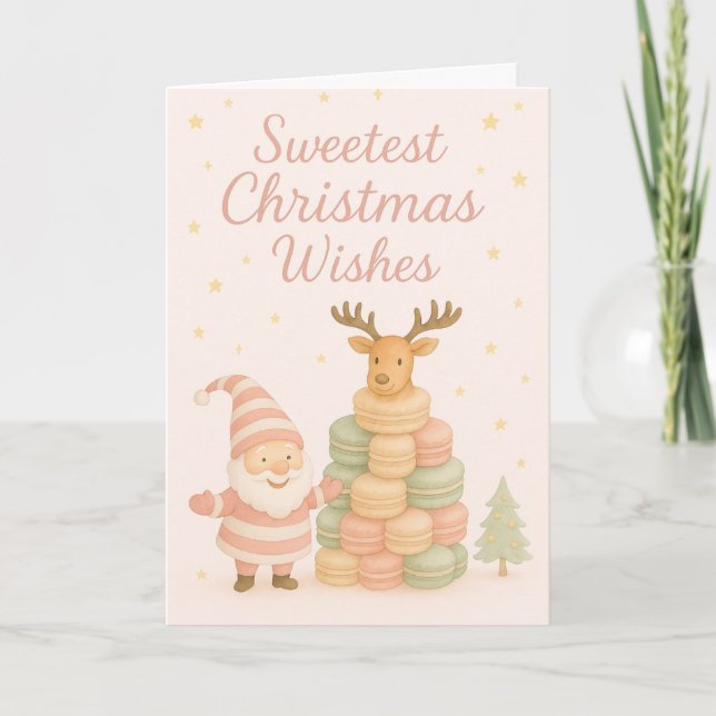 Sweetest Christmas Wishes  Santa & Macarons Holiday Card (Front)