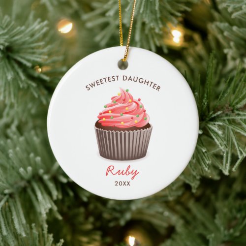 Sweetest Daughter Personalized Cute Pink Cupcake Ceramic Ornament