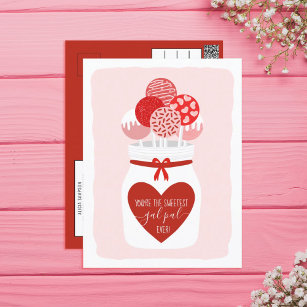 Vintage Valentines Day Card Blonde Girl With Lollipop and Hearts