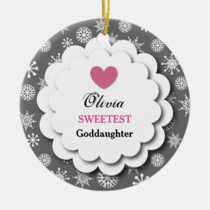 Sweetest Goddaughter Silver White Snowflakes S18Z Ceramic Ornament