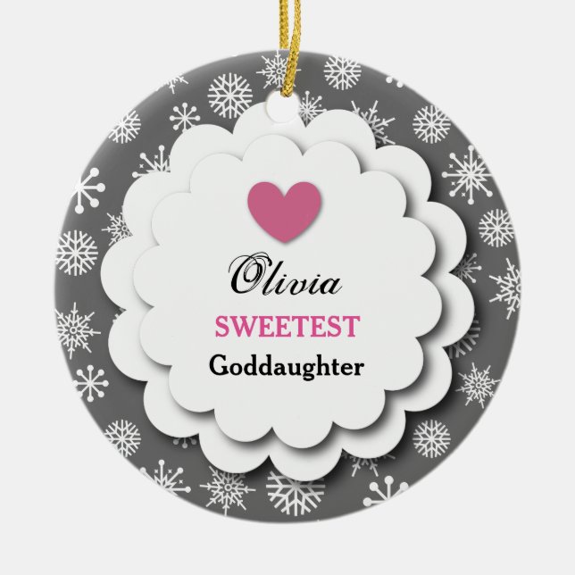 Sweetest Goddaughter Silver White Snowflakes S18Z Ceramic Ornament (Front)