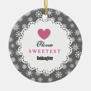 Sweetest Goddaughter Silver White Snowflakes S18Z Ceramic Ornament