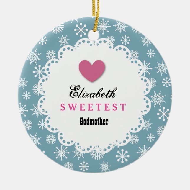Sweetest Godmother Blue and White Snowflakes S21Z Ceramic Ornament (Front)
