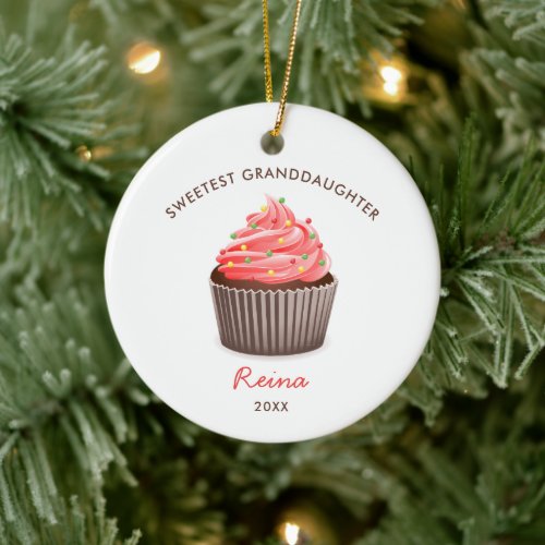 Sweetest Granddaughter Personalized Pink Cupcake Ceramic Ornament