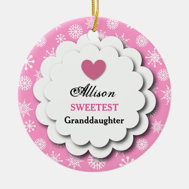 Sweetest Granddaughter Pink White Snowflakes C08 Ceramic Ornament (Front)