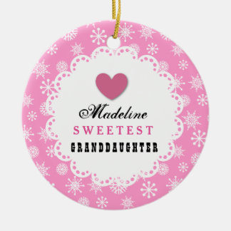 Sweetest Granddaughter Pink White Snowflakes C14 Ceramic Ornament