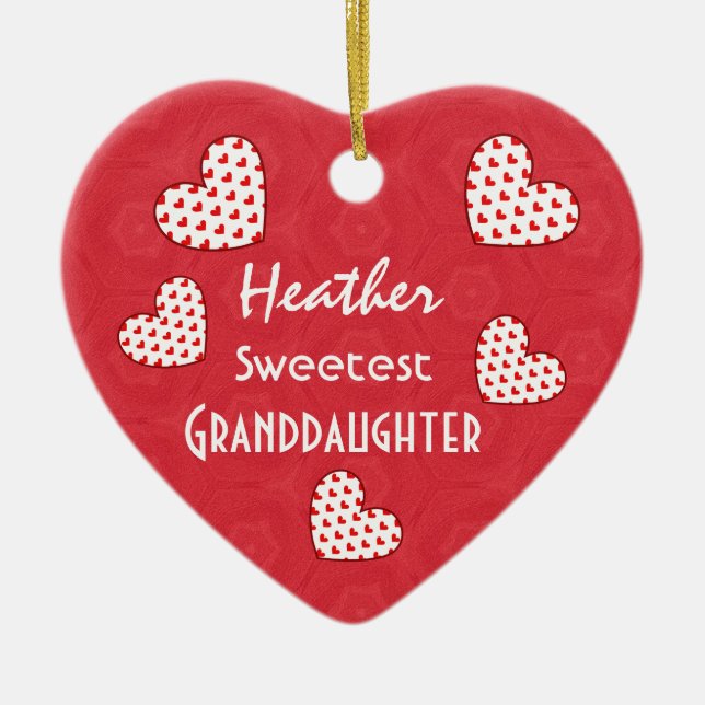 Sweetest GRANDDAUGHTER Red Hearts V05 Ceramic Ornament (Front)