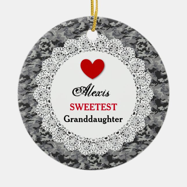 Sweetest Granddaughter Silver Black Camo A5 Ceramic Ornament (Front)