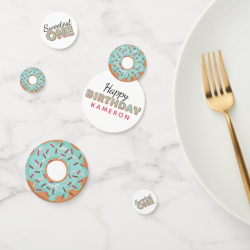 SWEETEST ONE Blue Iced Donuts Baby First Birthday Confetti