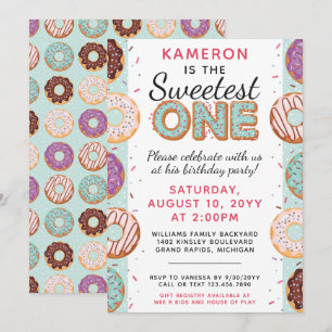 SWEETEST ONE Blue Iced Donuts Baby First Birthday Invitation