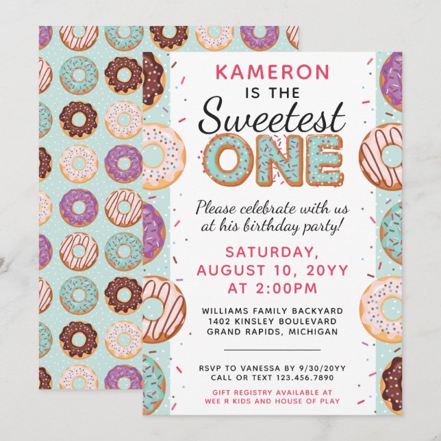 SWEETEST ONE Blue Iced Donuts Baby First Birthday Invitation (Front/Back)