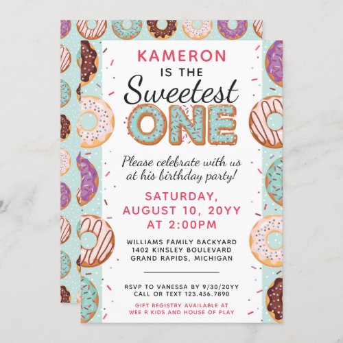 SWEETEST ONE Blue Iced Donuts Baby First Birthday Invitation