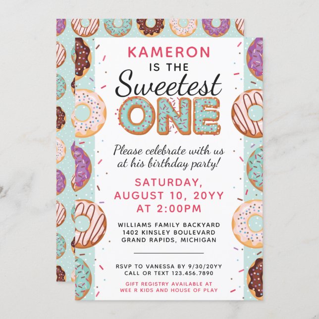 SWEETEST ONE Blue Iced Donuts Baby First Birthday Invitation (Front/Back)