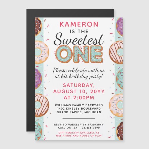 SWEETEST ONE Blue Iced Donuts Baby First Birthday Magnetic Invitation