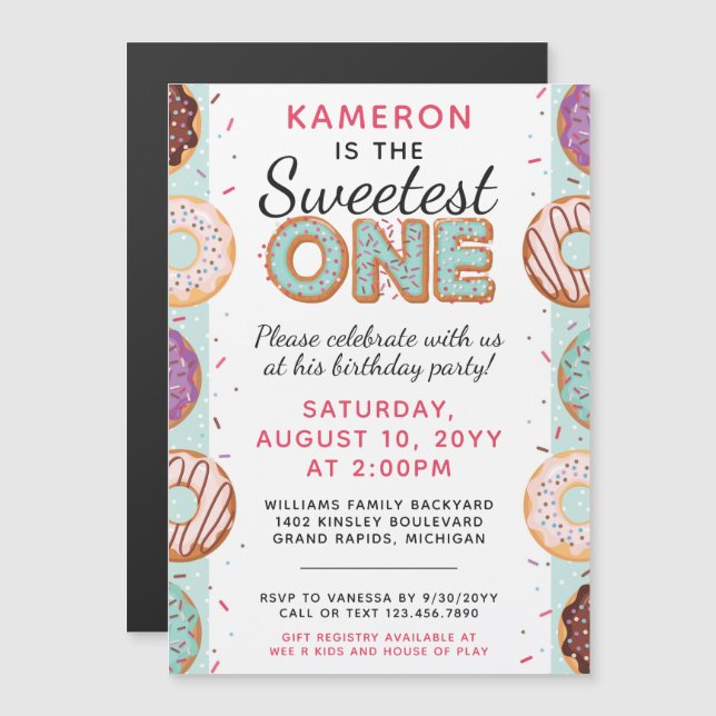 SWEETEST ONE Blue Iced Donuts Baby First Birthday Magnetic Invitation (Front/Back)